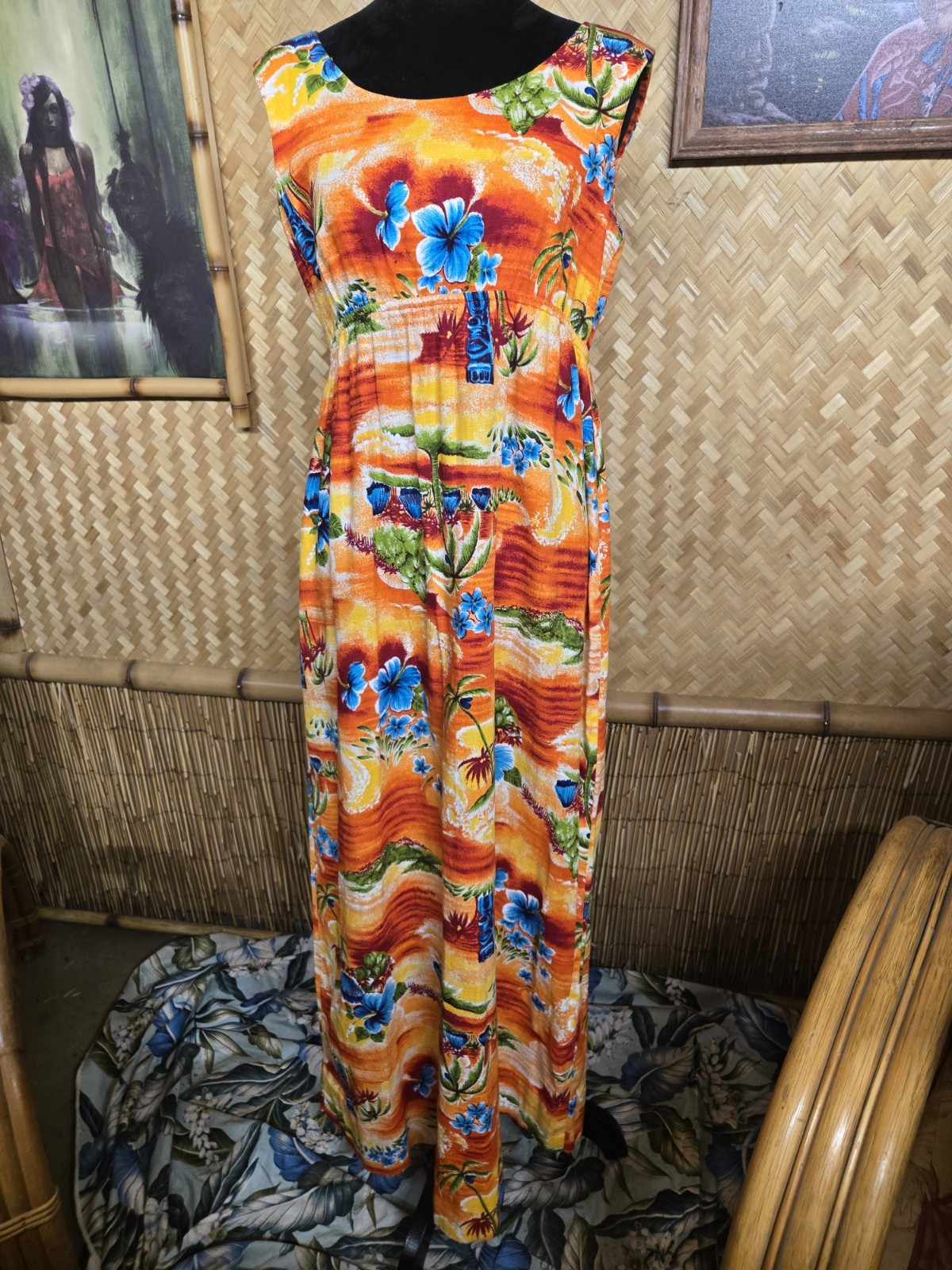 Vintage Hookano Brand Hawaiian Barkcloth Aloha Maxi Dress w1249