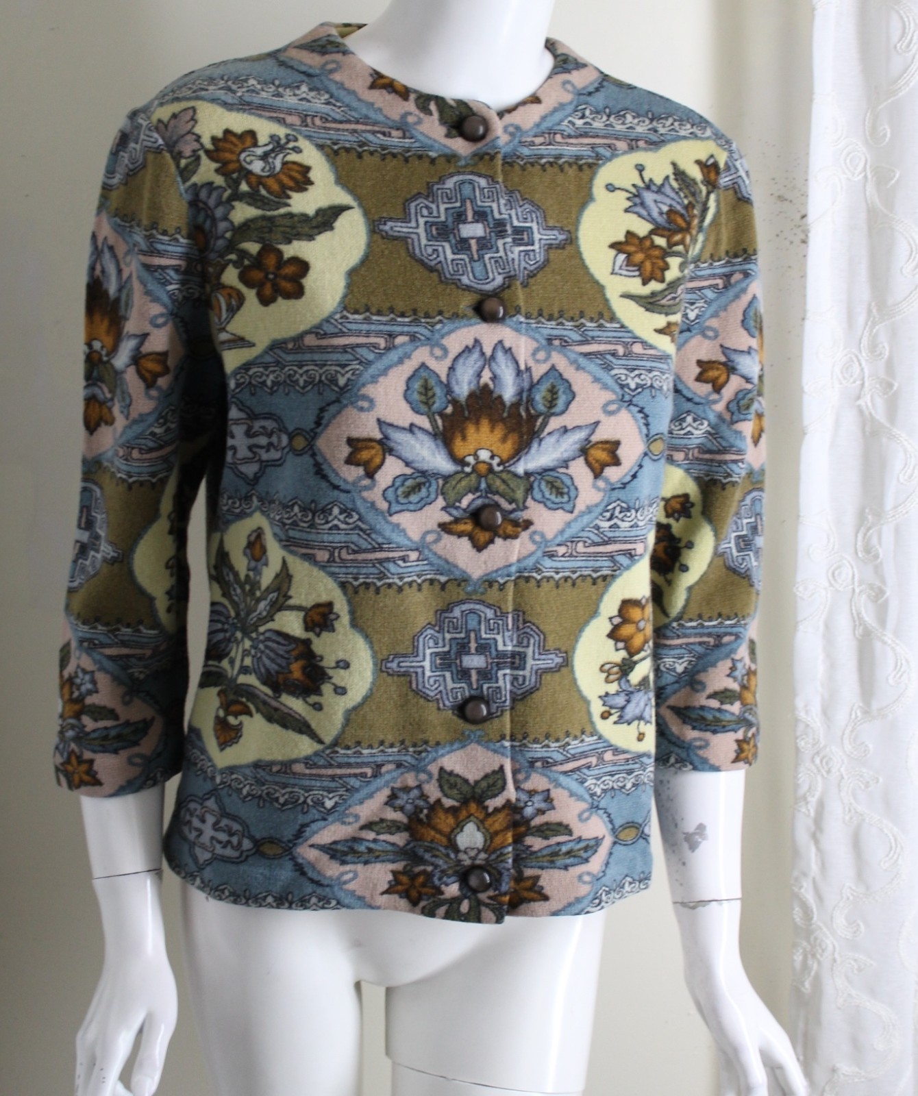 Vintage 1970s KIO 100% Wool Glam Art Boho Printed Cardigan Sweater Sz M L 10 12