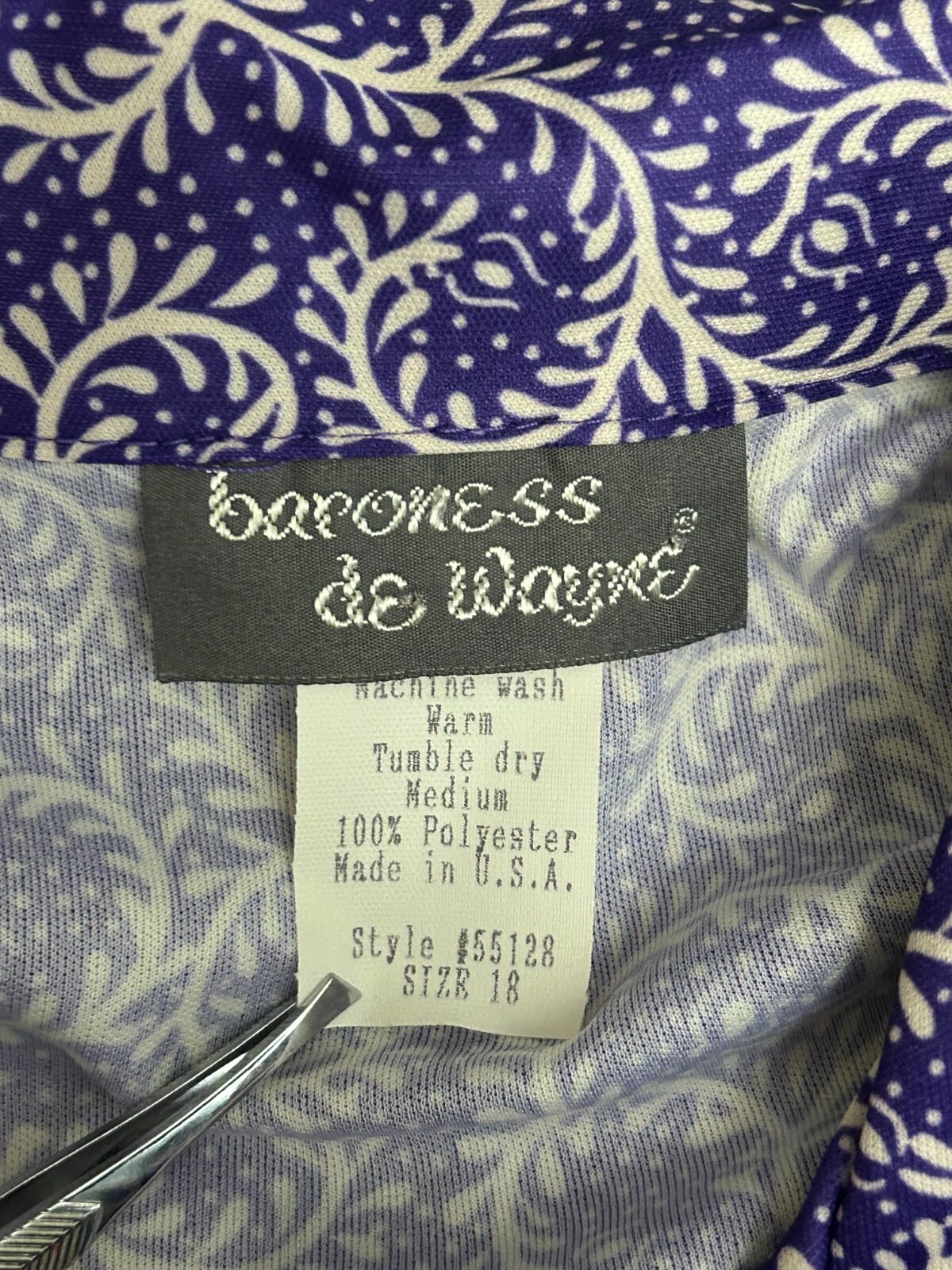 Baroness De Wayne Button Front Purple Paisley Long Sleeves Women’s 18 Vtg 80s