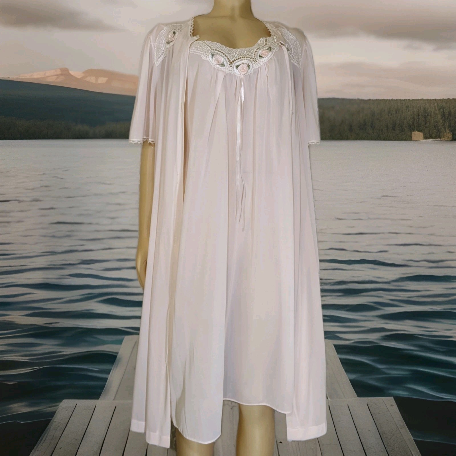 Vintage Lorraine Soft Pink Lightweight Lingerie Dress Nightgown Robe Set L
