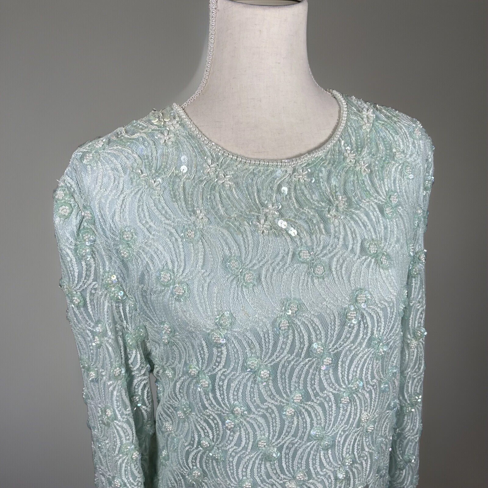 Vintage Top L Green Sequin Beaded Fairycore Artsy Lace Sheer Lined Party Blouse