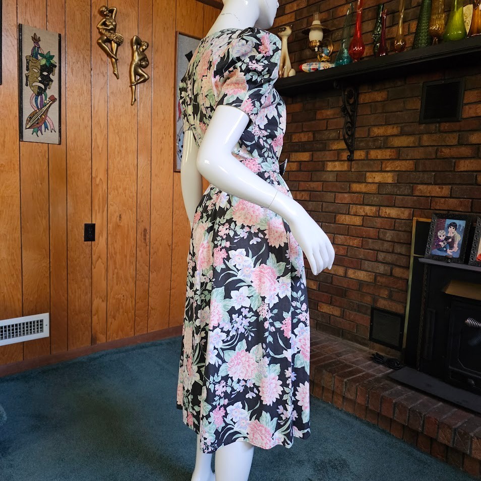 Vtg 80s Huge Puff Romantic Granny Floral Belted Shirtwaist Pockets Tea Dress M
