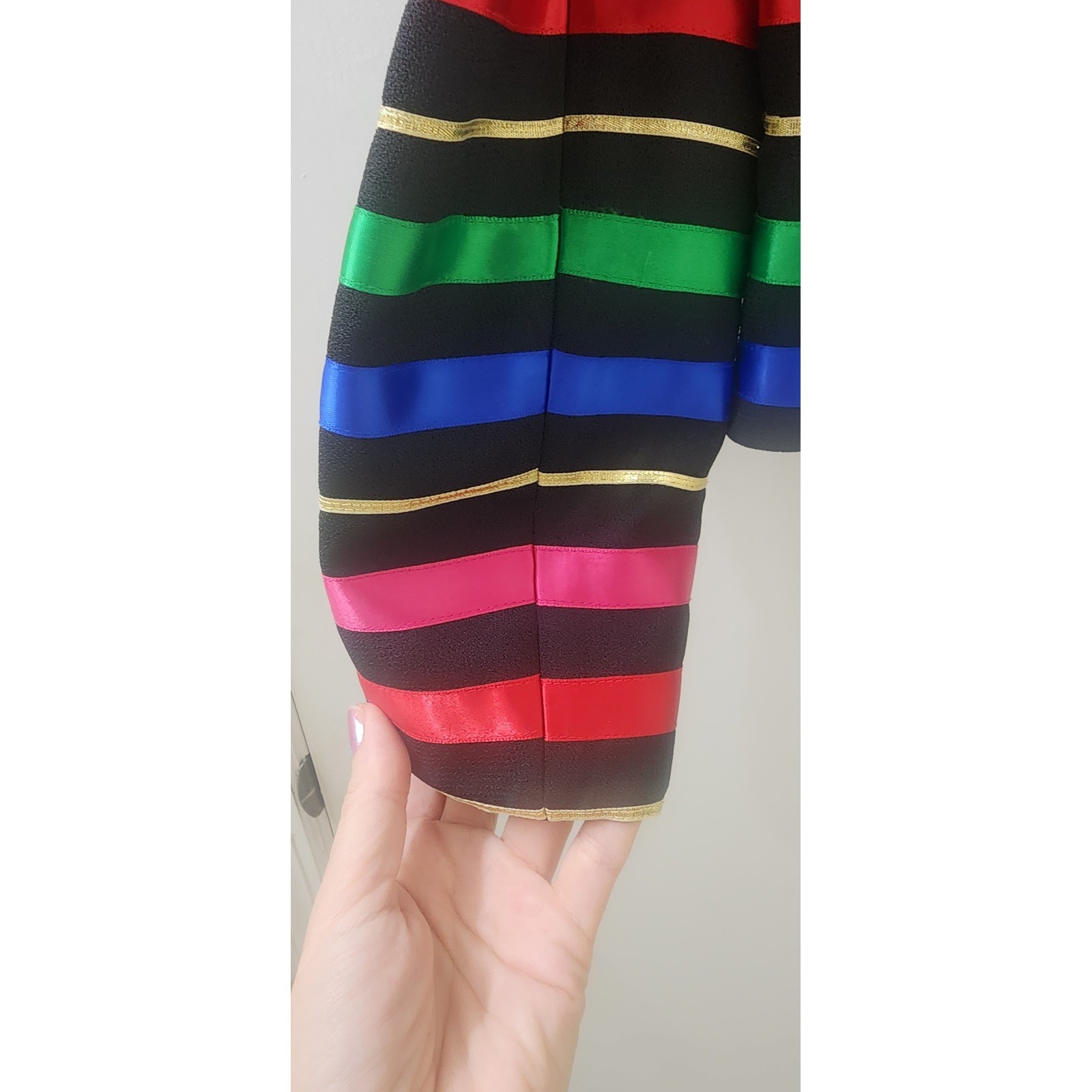 Jacqueline Ferrar Vintage Rainbow Stripe Ribbon Blazer Gold Metallic Trim Size 4
