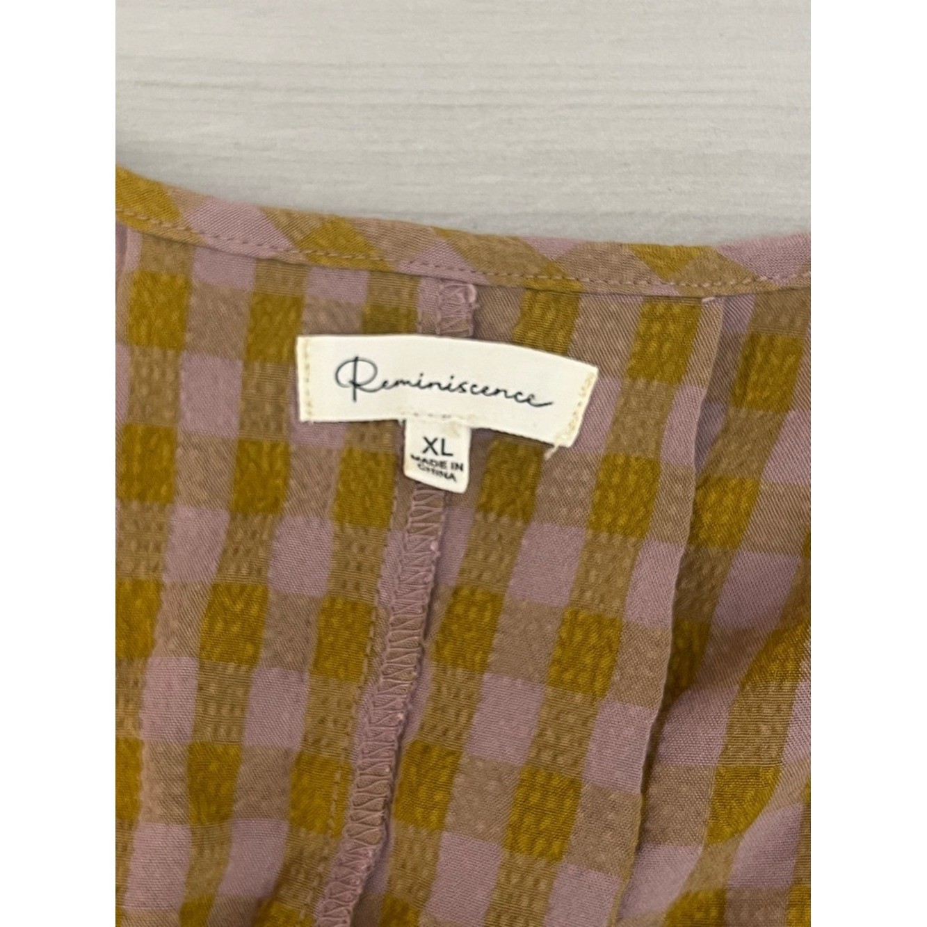 Reminiscence Gingham 3/4 Sleeve V-Neck Midi Dress Mustard Pink Sz XL Cottagecore