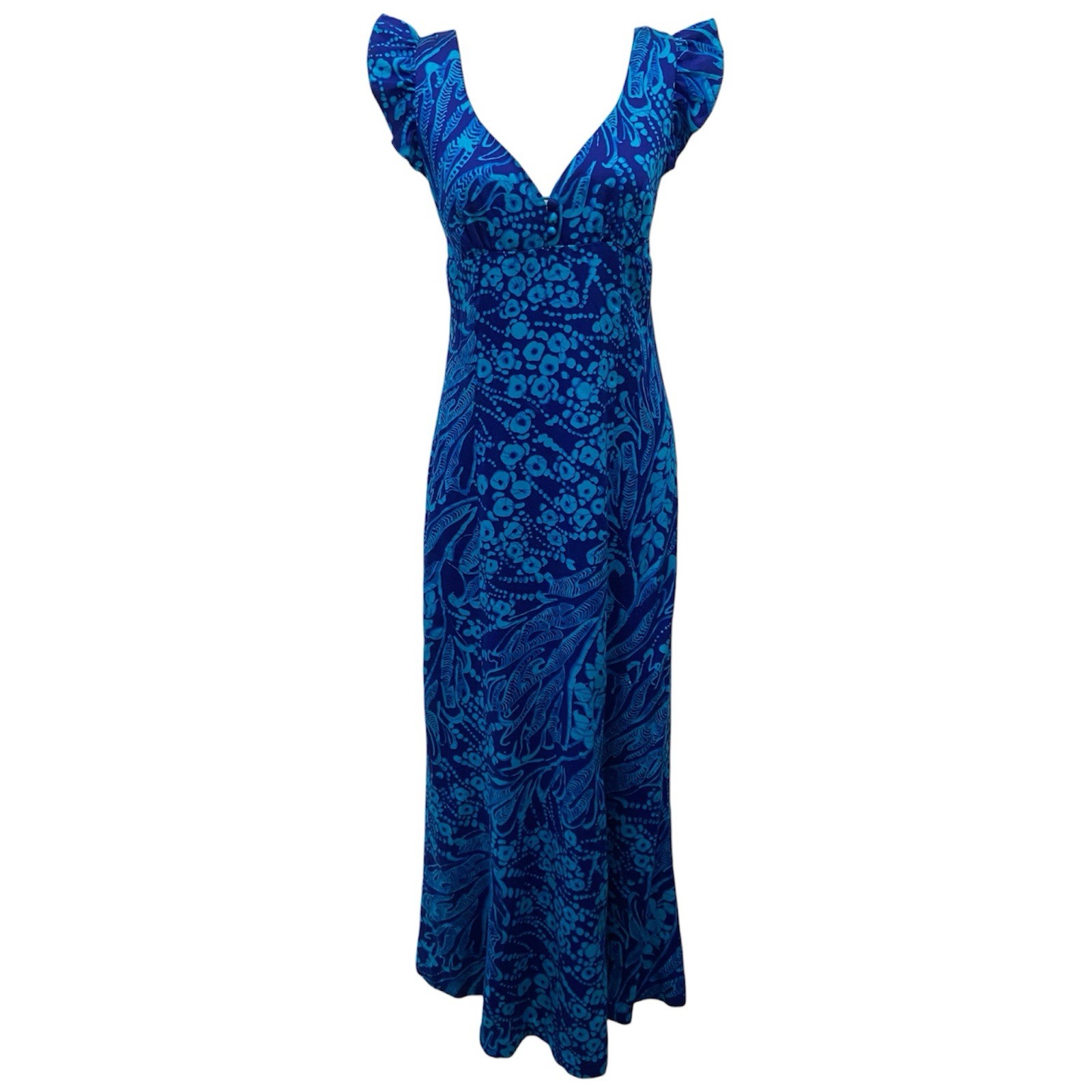 Vintage 70’s Kimi’s at Kings Alley Blue Botanical Flutter Sleeve Maxi Dress S/M