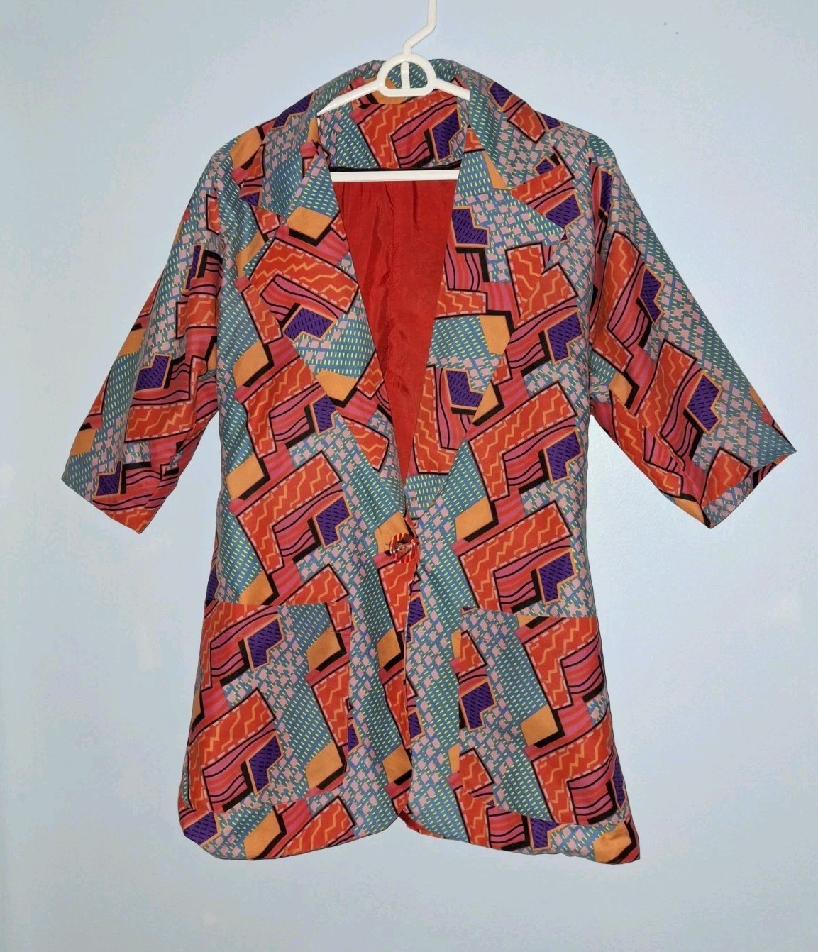 Vtg 80s Jacket Geo Print Long Blazer Red Yellow Purple Teal Femina