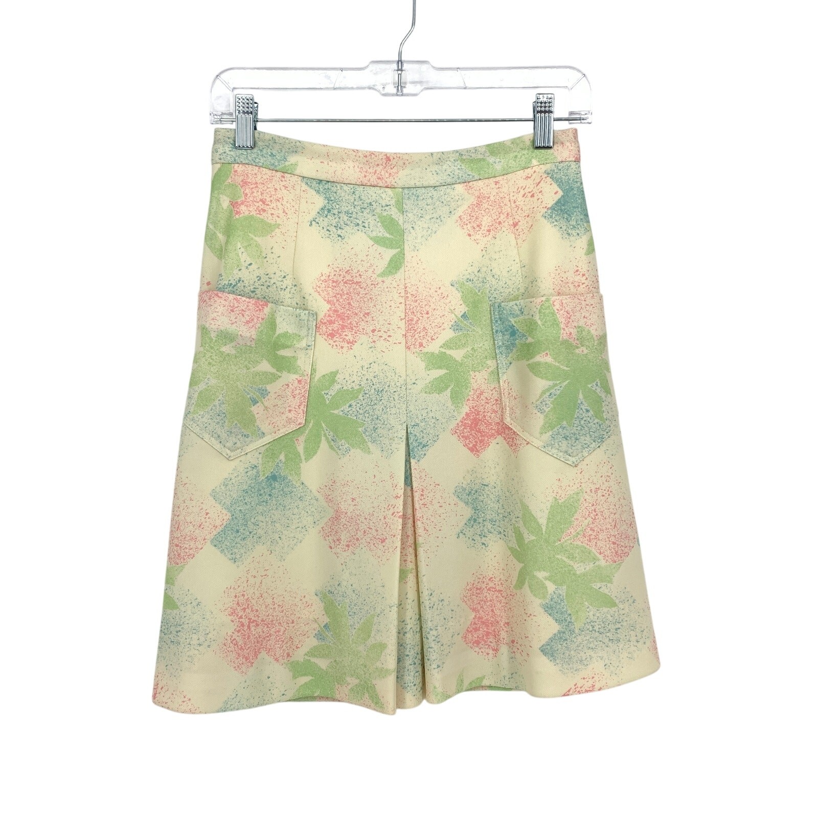 Vintage 70s Skort Womens Sz 27″ Pastel Leaf Print Cream Green Pink Blue