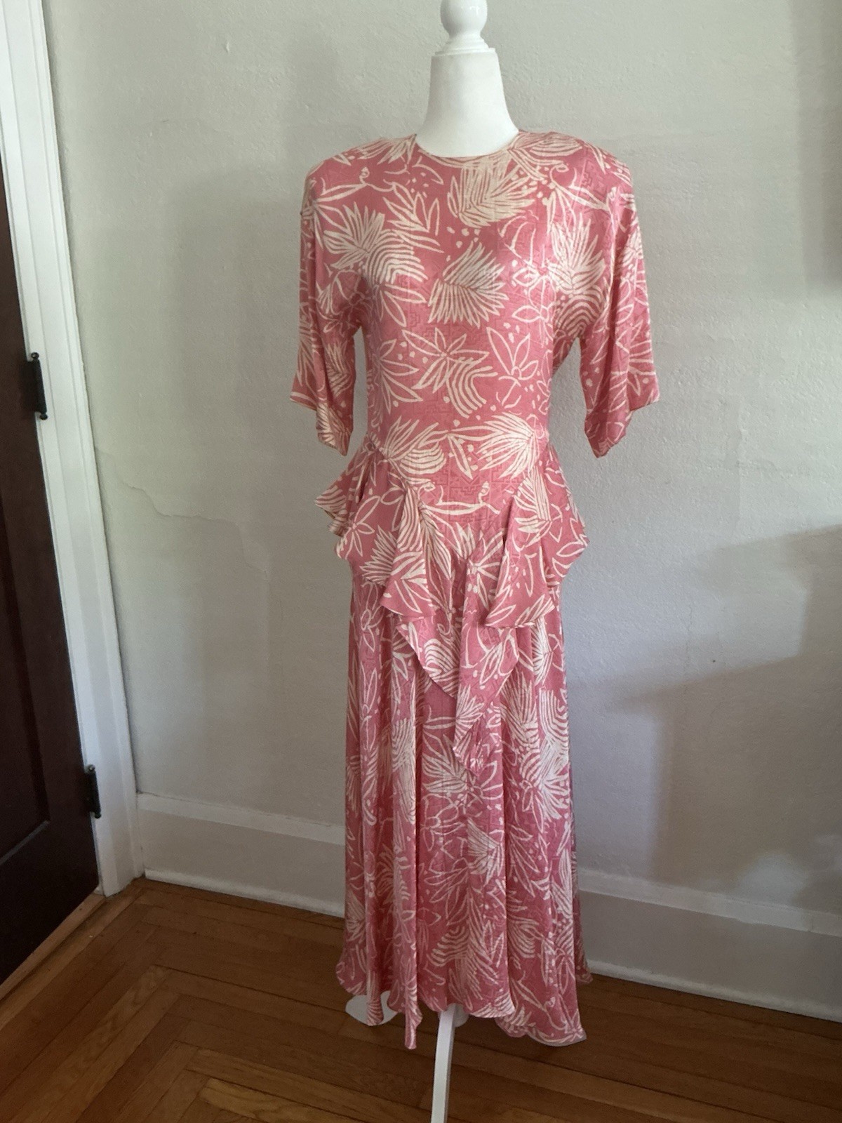 Vintage Nicole Miller Dress Pink Silk Ruffled Peplum Romantic Designer 1980s 6 S