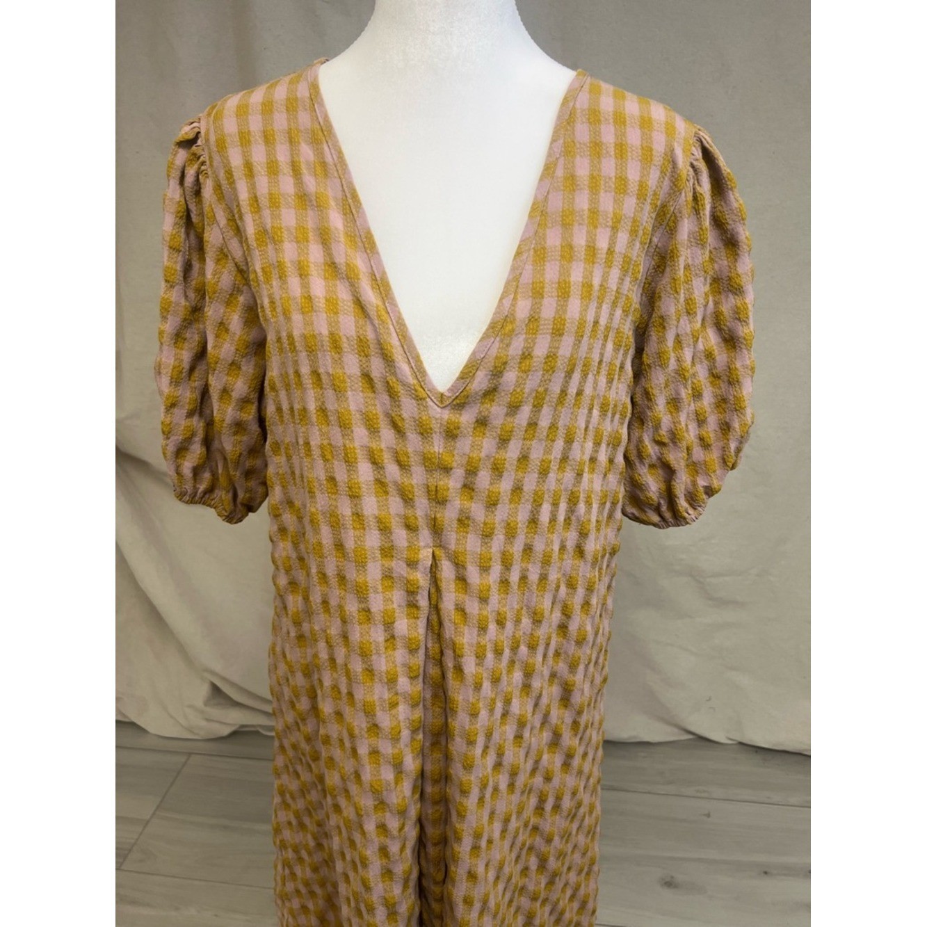 Reminiscence Gingham 3/4 Sleeve V-Neck Midi Dress Mustard Pink Sz XL Cottagecore