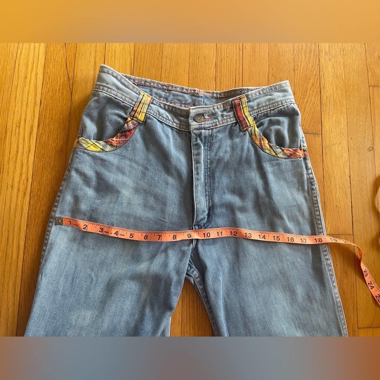 70s Vintage Faded Glory Light Wash Bell Bottoms w. Plaid Detailing