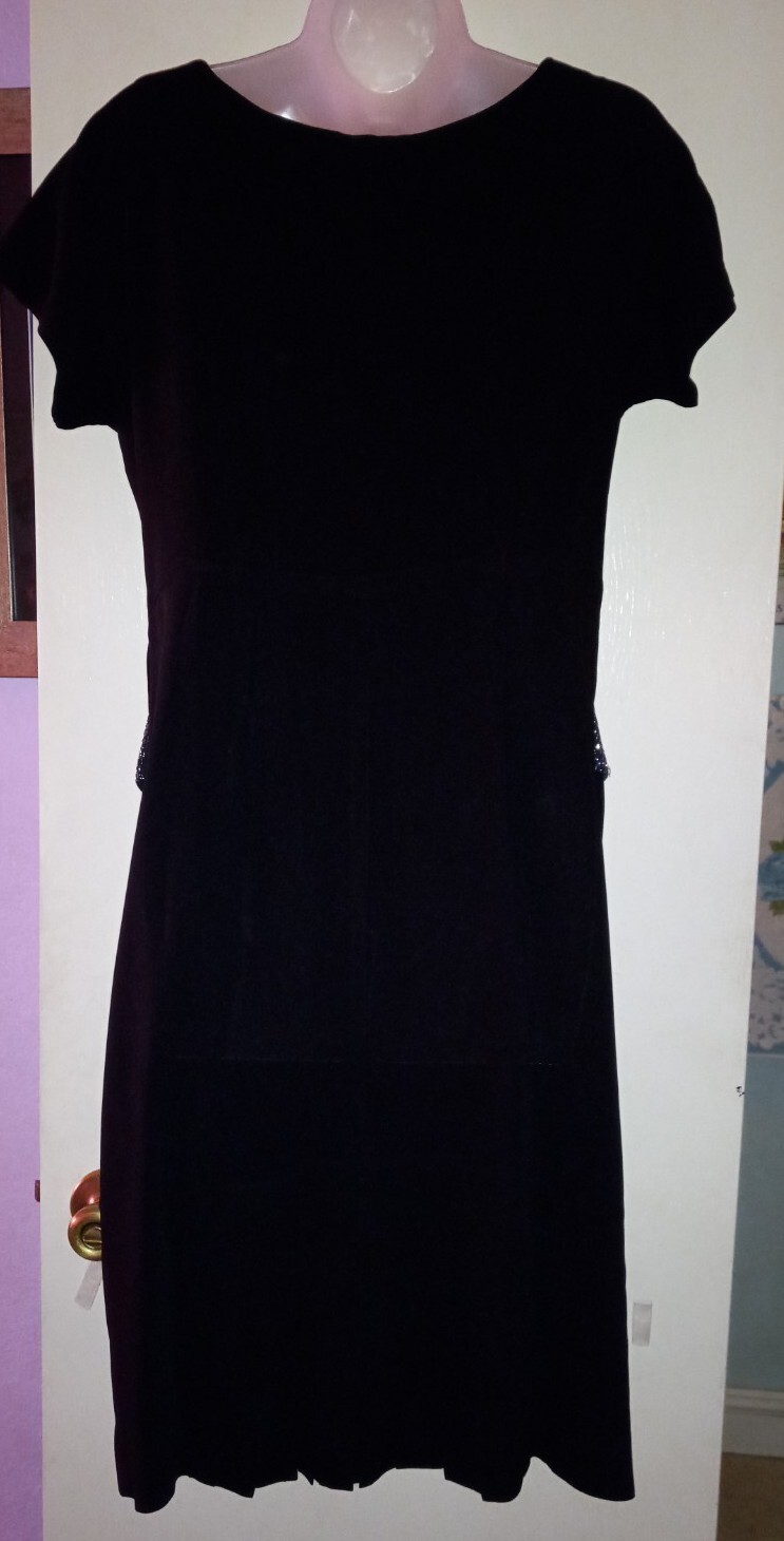 Vintage 40s Black Rayon Rhinestone Dress Metallic Net Collar Pockets Side Zip L