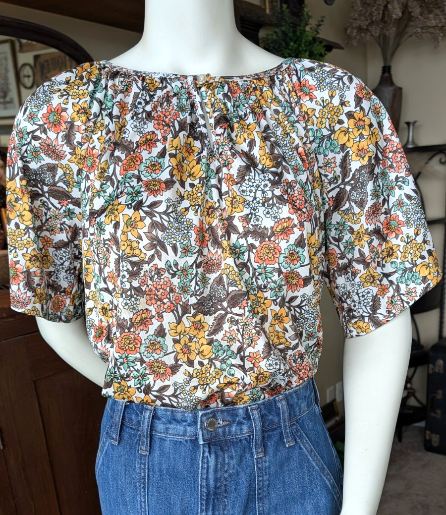 Vtg 70sBohemian Boho botanical floral Festival top shirt short sleeve Orbit L