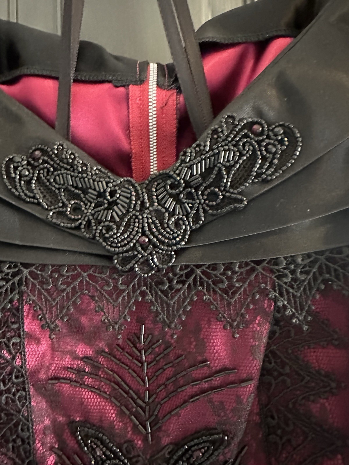 Gorgeous Vintage Burgundy & Black Evening Gown W/Hand Sewn Beading/Corset bodice