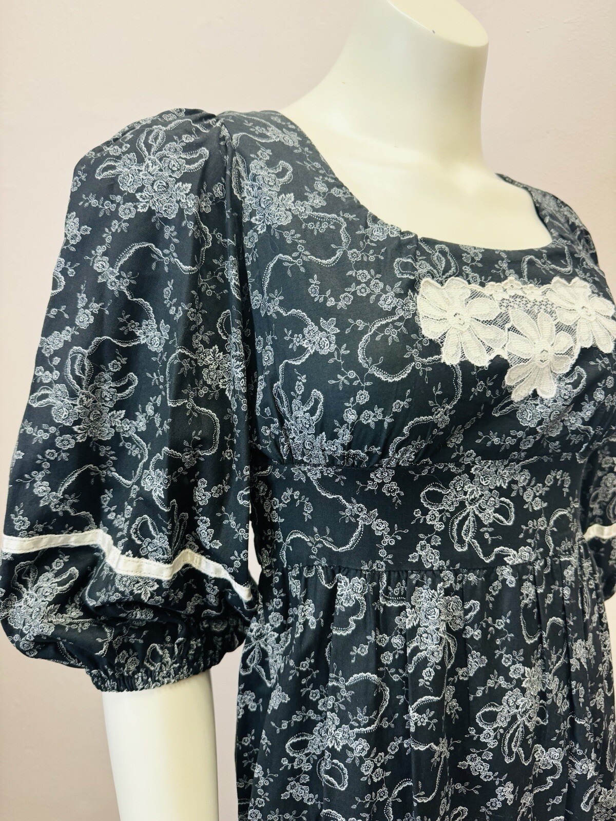 Vintage 70’s paper moon Gunne dress goth black floral prairie maxi 7 fits 9