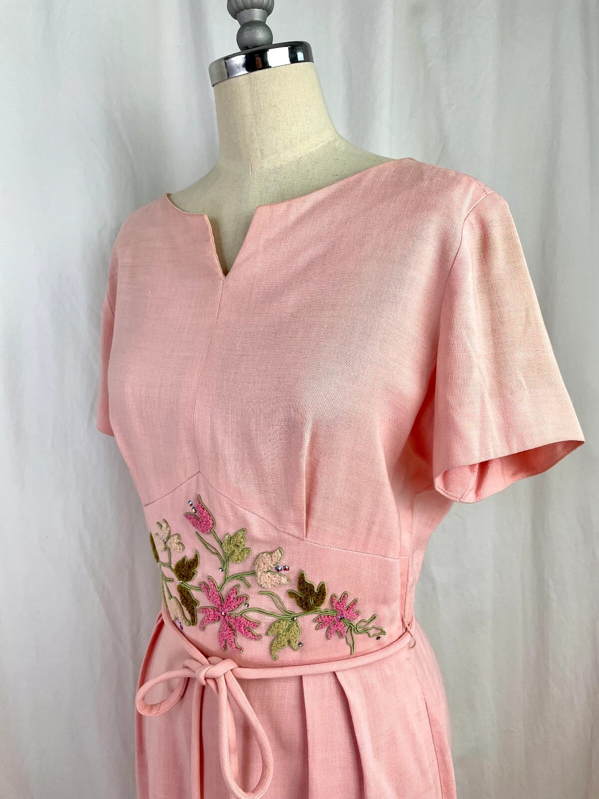 Vintage 60s Small Fashionmaker Original pink with soutache waist belted Dress