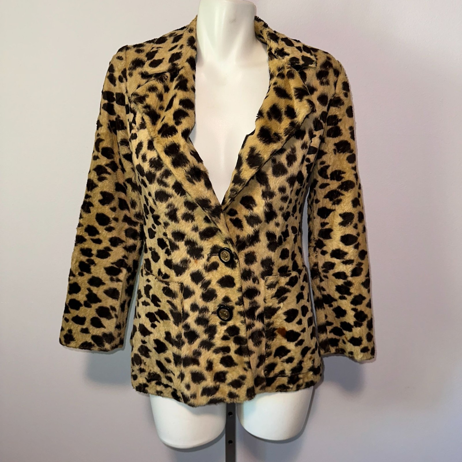 Vintage 80s Womens Size Small Leopard Animal Print Faux Fur Blazer Jacket Coat