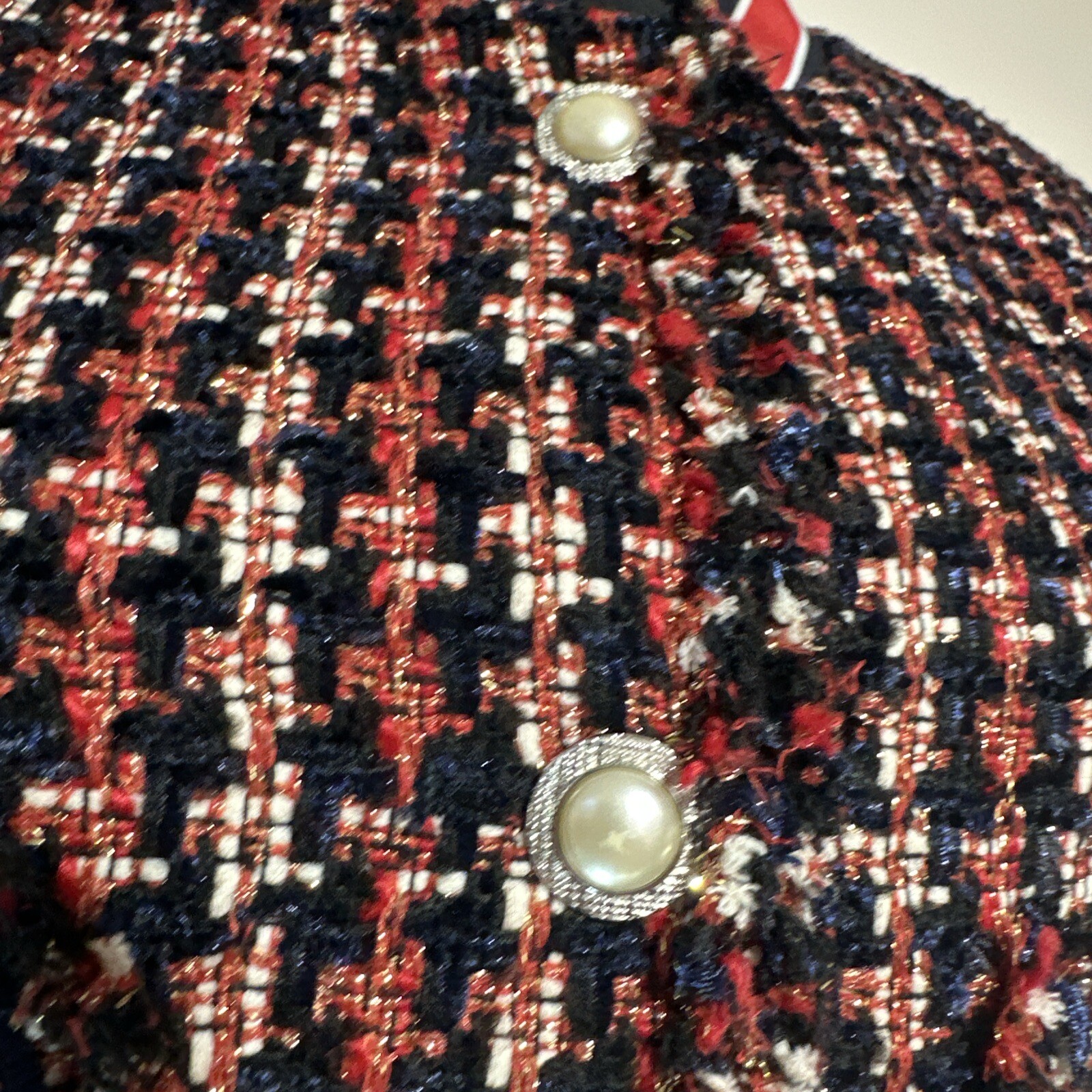 ZARA WOMAN TWEED JACKET BLAZER WITH STRIPED DETAIL Sz Medium M Red Blue White
