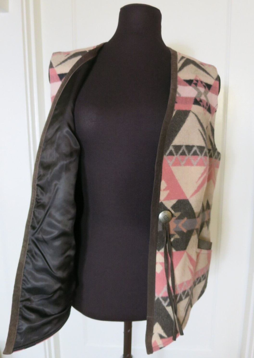 Vtg Pendleton Vest Wool Suede Trim Brown Beige Salmon Tassels Southwest Medium