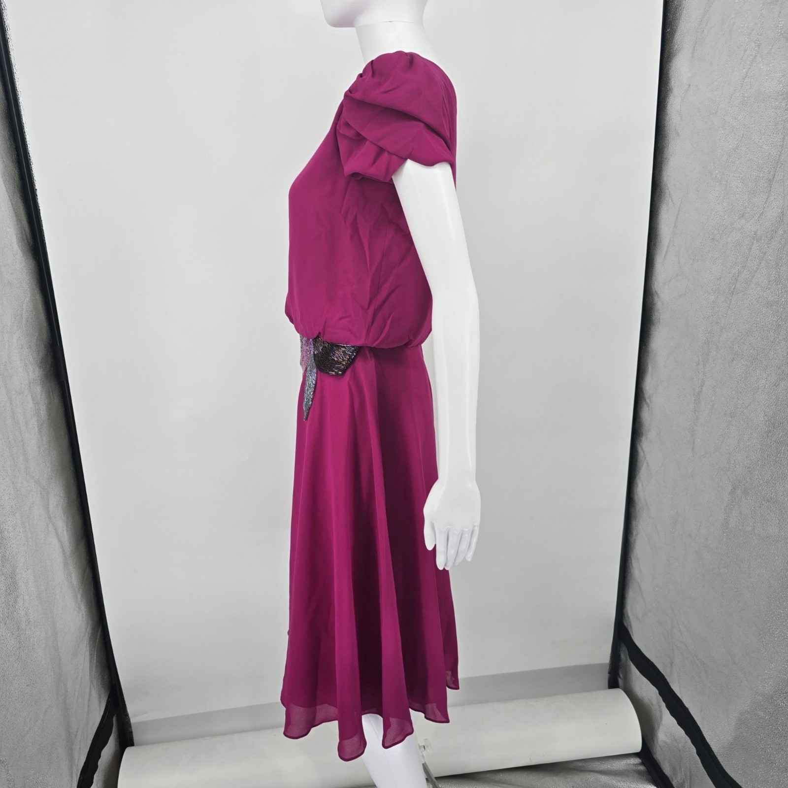Vintage 1980s Denise Fashions Magenta Chiffon Bugle-Bead Applique Dress (S)
