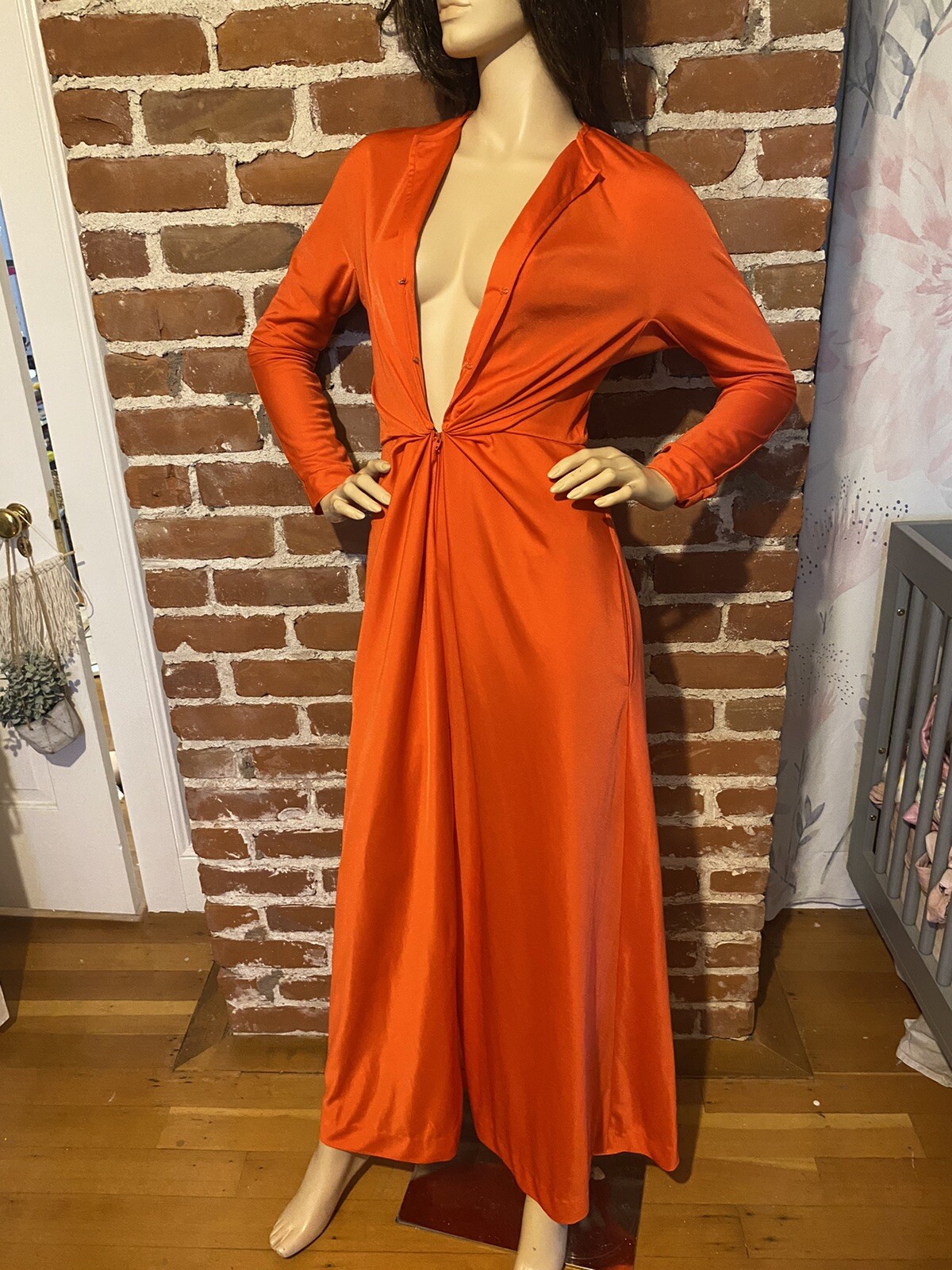 Halston IV Vintage 70s Women’s Dorian Caftan Maxi Dress Orange Red O/S Deep V