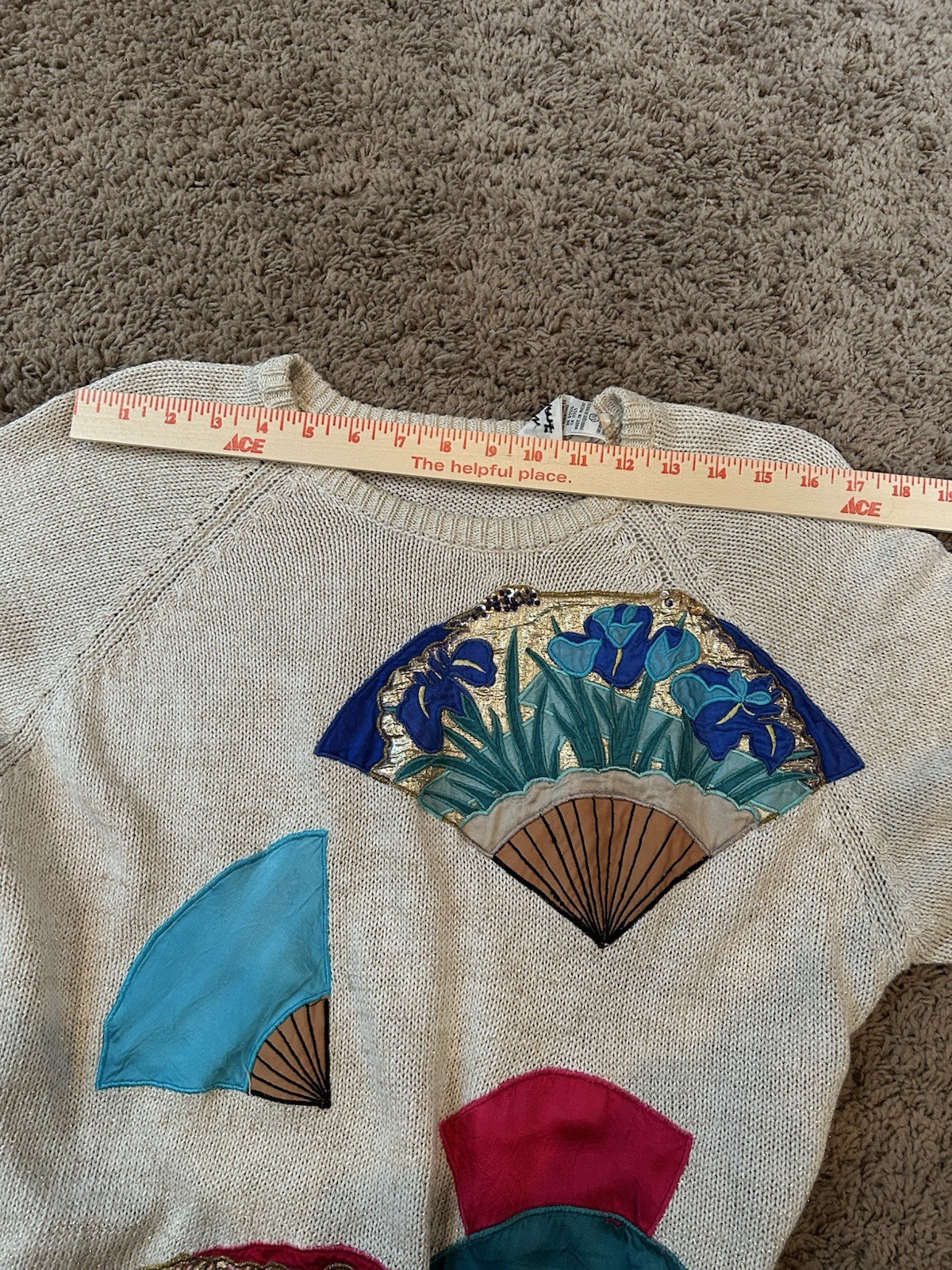 Vintage 86 Bonnie Boerer Geisha Fan Sweater L Cream Gold Art Deco Colorful Long