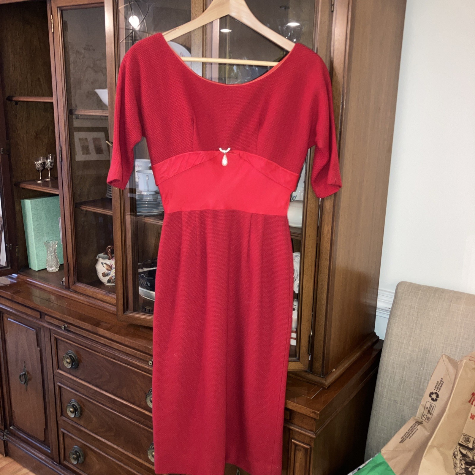 Vintage 1950s Red Wool Crepe Wiggle Dress Satin Waist Pearl Drop Cocktail Dress