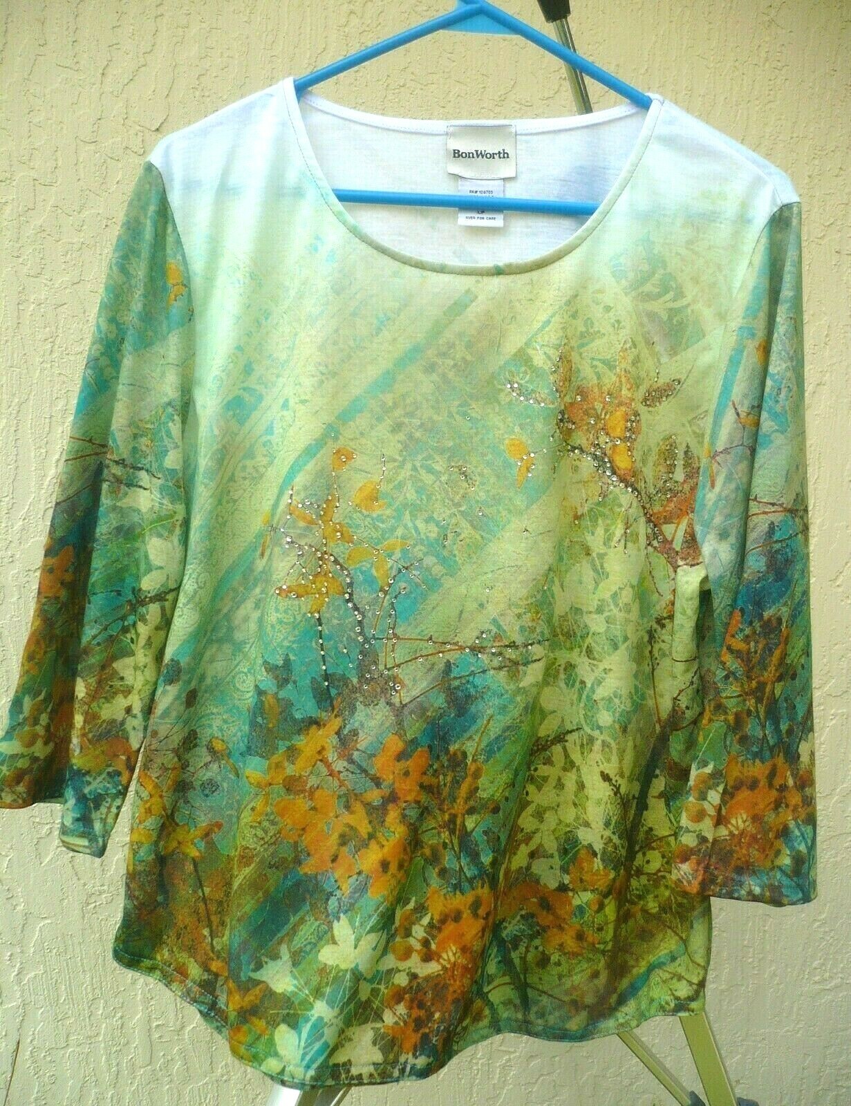 VTG BON WORTH USA MADE L P GREEN ASIAN FLORAL RHINESTONE STUDDED TOP BLOUSE LADY