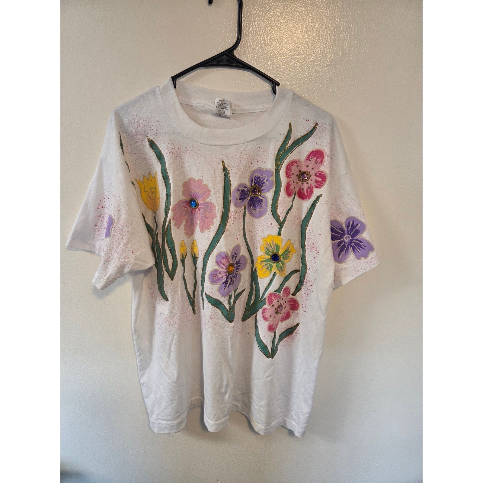 Vintage Wetpaint Hand Painted Floral T Shirt White One Size Rhinestone Puff Pnt
