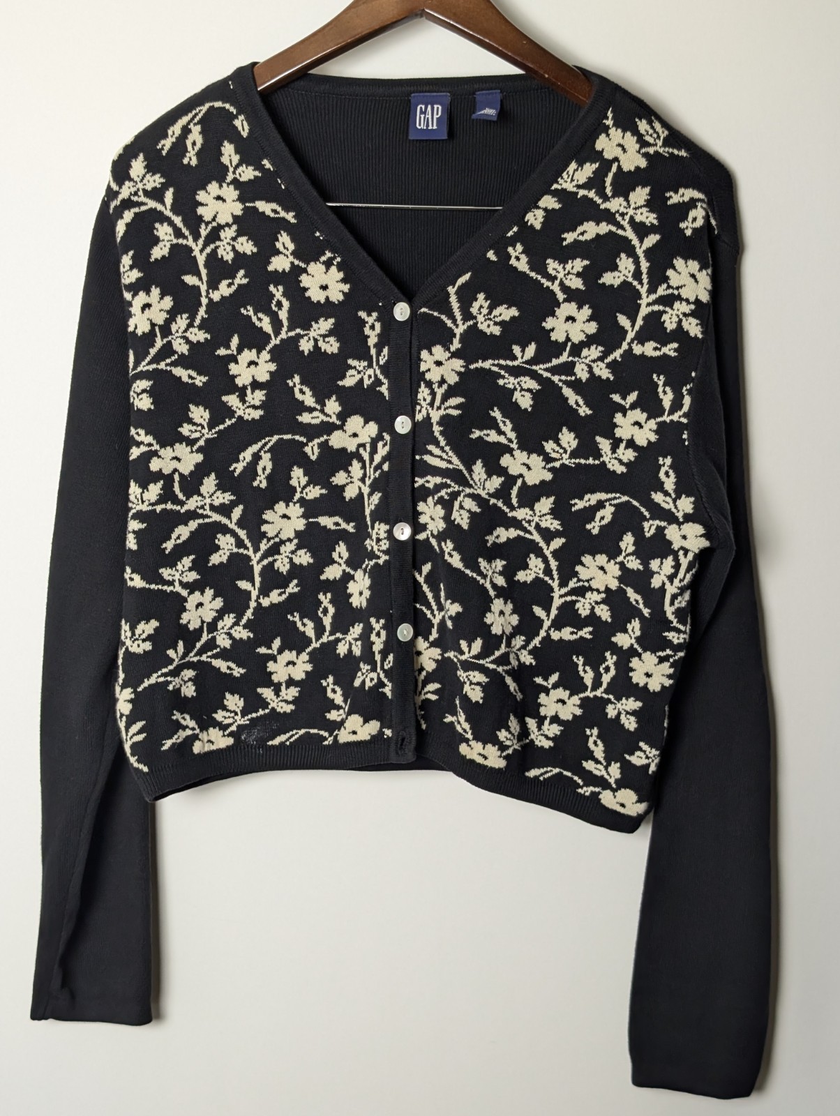 Vintage GAP Floral Cardigan Sweater Black White 100% Cotton Made in Australia L
