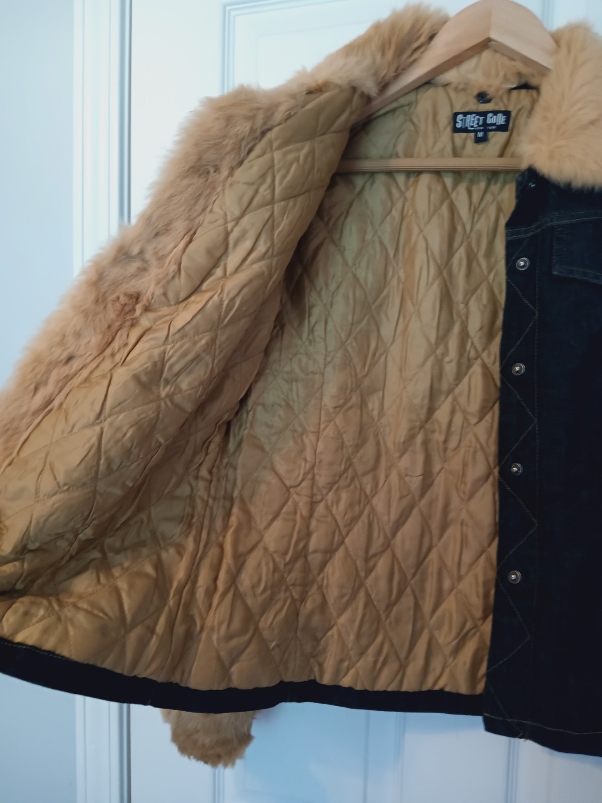 VTG Y2K StreetCode denim jean jacket short detach rabbit fur trim quilt lining S