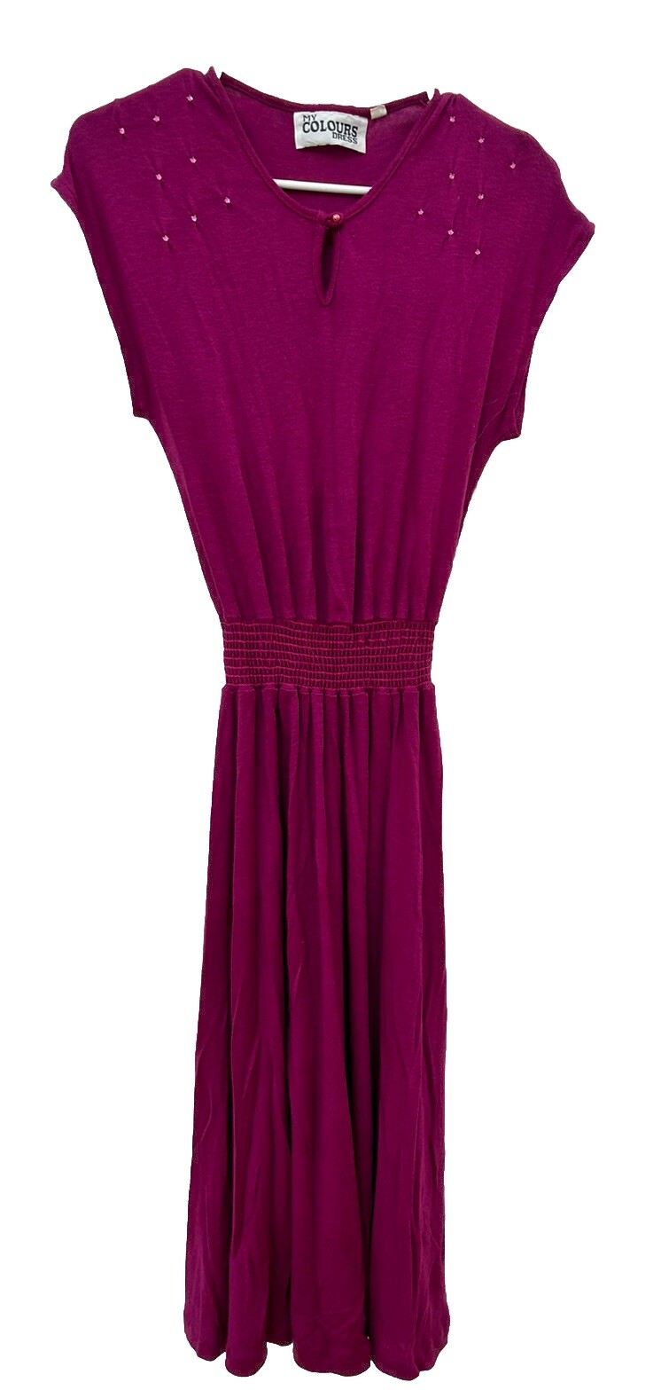 VINTAGE Stretch Waist Knit Dress Sparkle Shoulder Detail S/M BOLD Purple Color