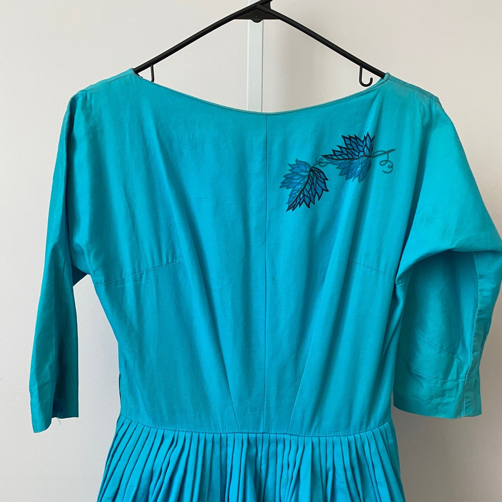 Vintage 60s Cotton Dainty Coquette Rockabilly Fit Flare Dress S Blue Leaf