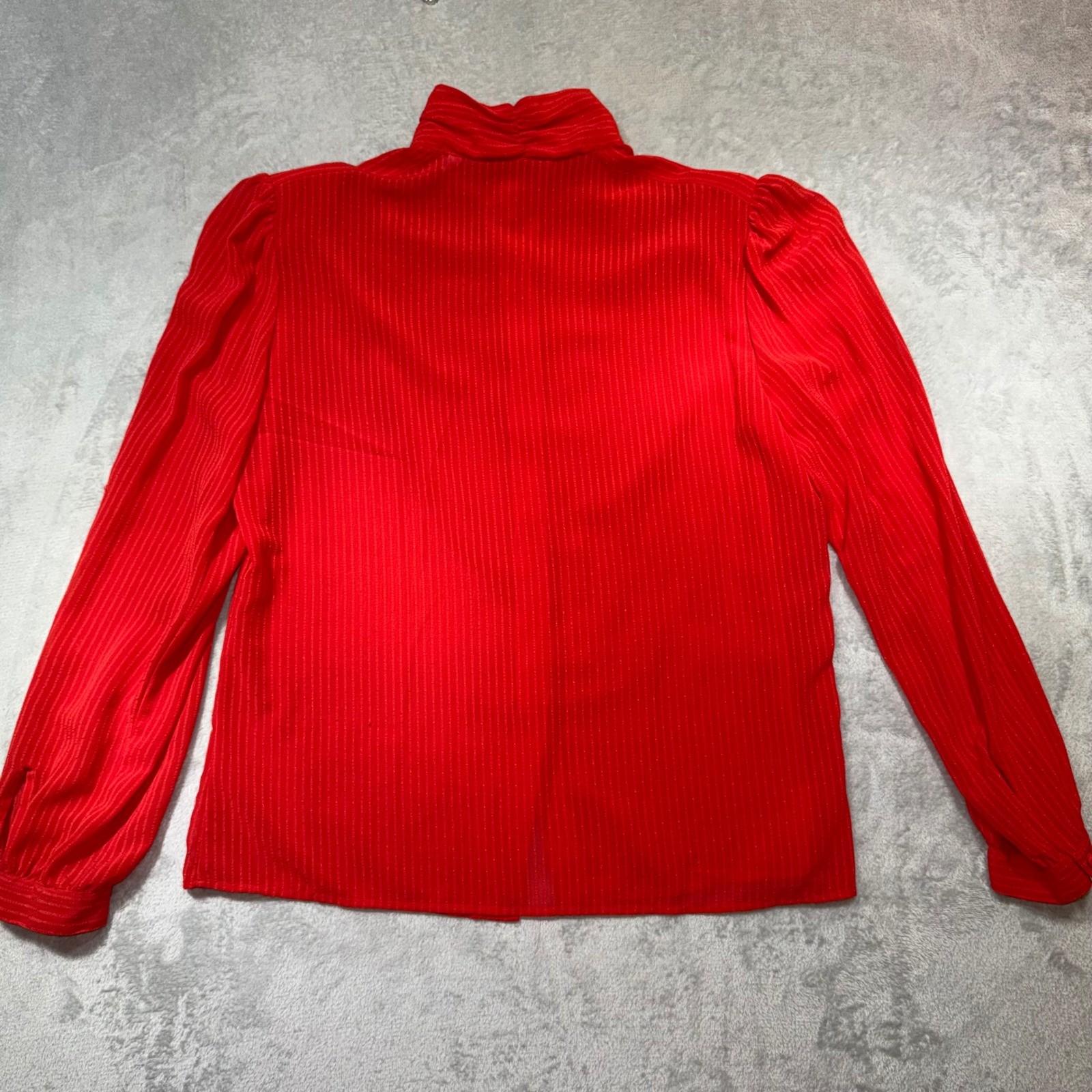 Vintage Red High Neck Puff Sleeve Blouse Sheer Textured Stripe 80s Victorian 14