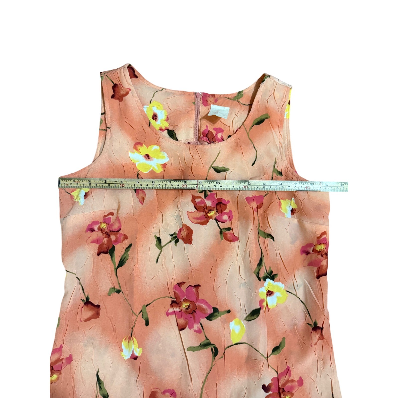 Vintage Peach Floral Crinkle Sleeveless Maxi Dress Pink Yellow Botanical