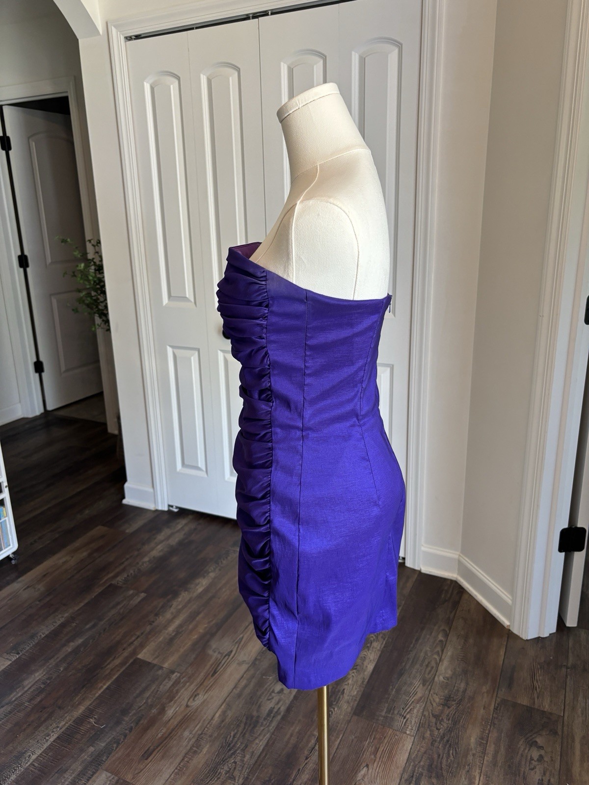Y2K Jessica McClintock Body Con 3D Mini Wiggle Ruched Strapless Dress Purple 10