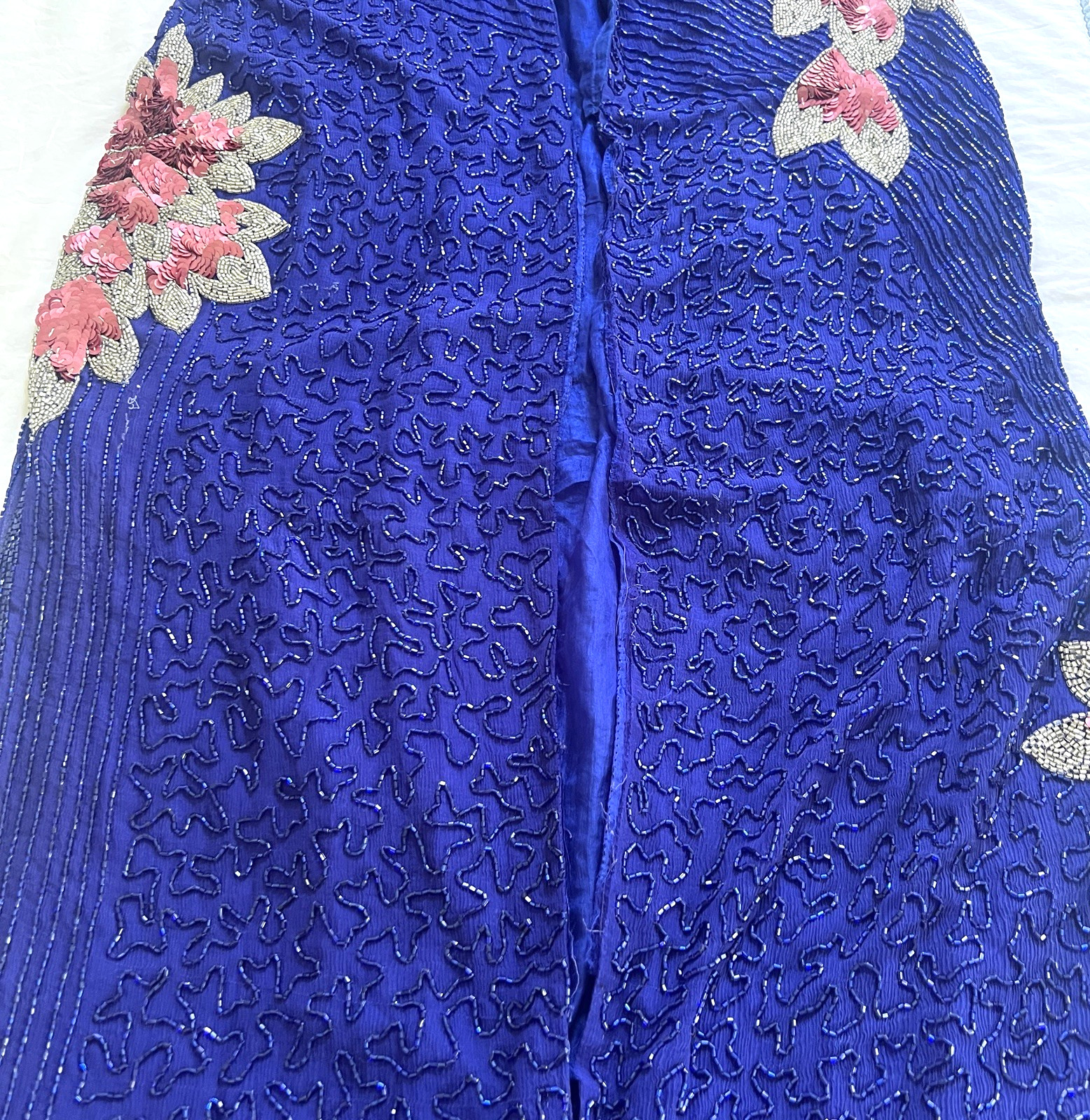 Vintage 80s Cobalt Blue Pink Silk Beaded Floral Maxi Duster Jacket Sequin