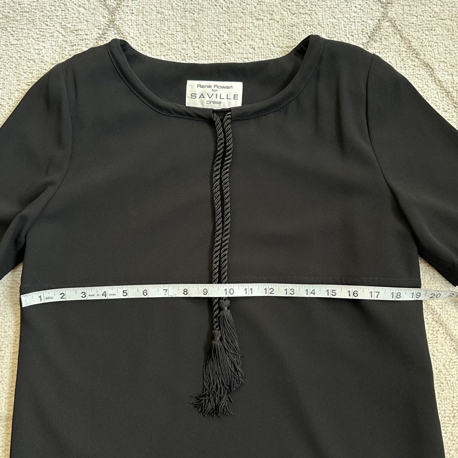 Vintage 80s Rena Rowan for Saville Black Shift Dress Rope Detail Sz 8
