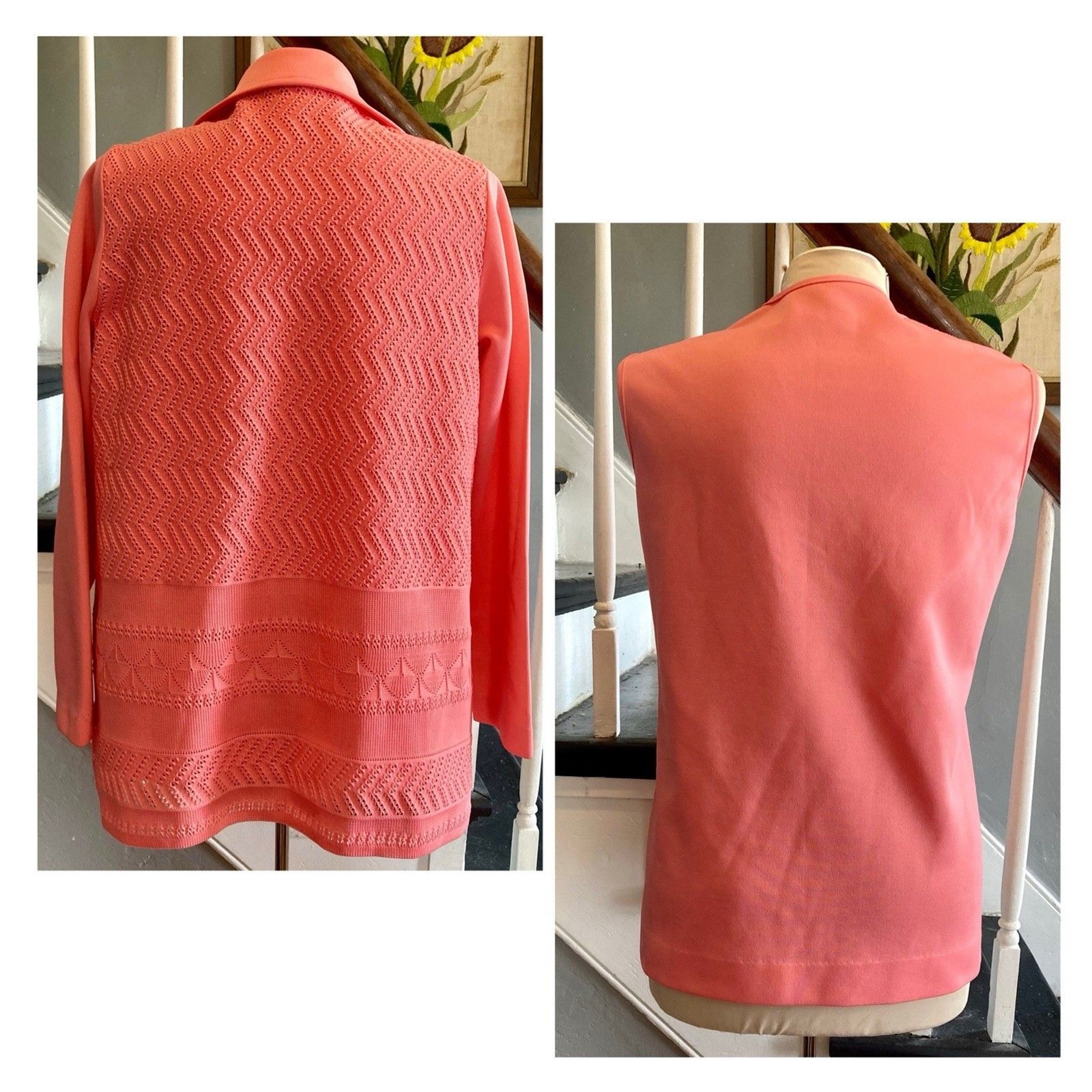 1970s Salmon Pink Coral Crochet Polyester Twinset Shell Jacket Mod Disco Spring