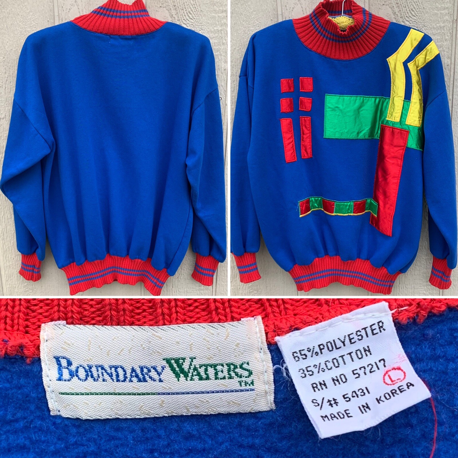 vintage sweashirt with geometric satin primary colors 1980s Boundary Waters L