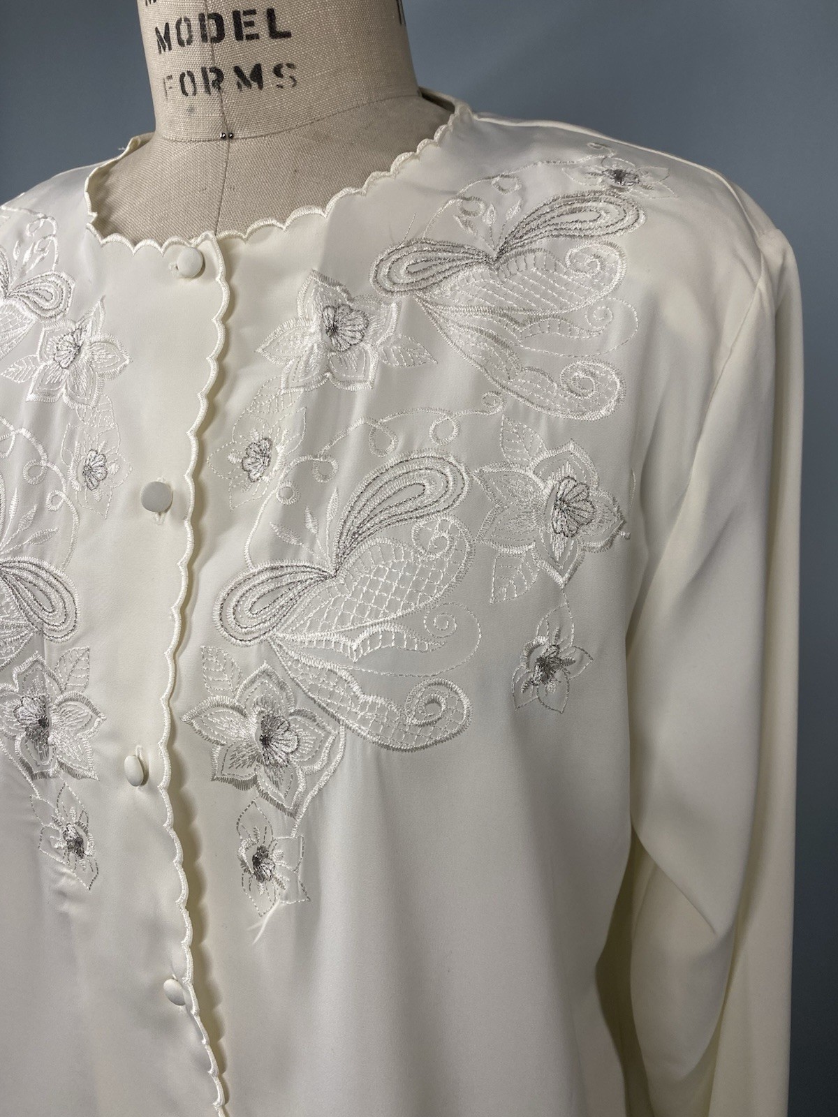 Vintage Blouse Top SIZE LARGE 10 ivory embroidered CLAUDIA RICHARD 80s 90s