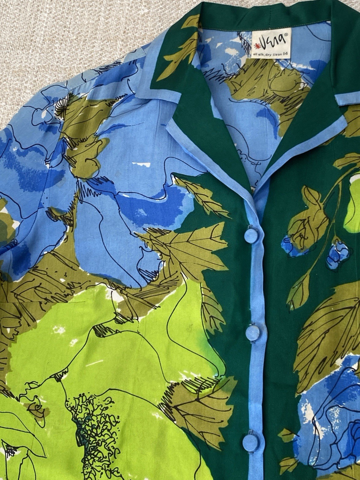 Vintage Silk Vera Neumann Blouse shirt 3/4 Sleeve Olive Blue Floral