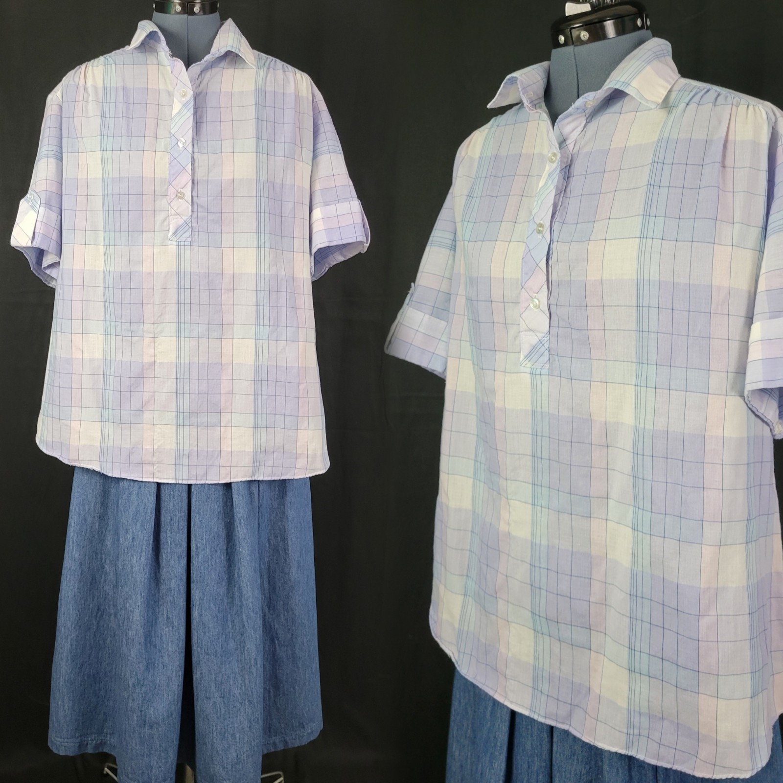 Vintage Shirt Accent White/Purple/Blue Plaid Short Sleeved Top Size XL?