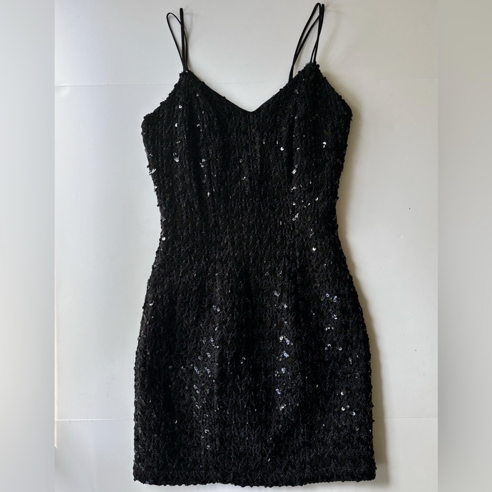 Vintage 1960s Low Back Sequin Black Mini Dress w/ Double Spaghetti Straps
