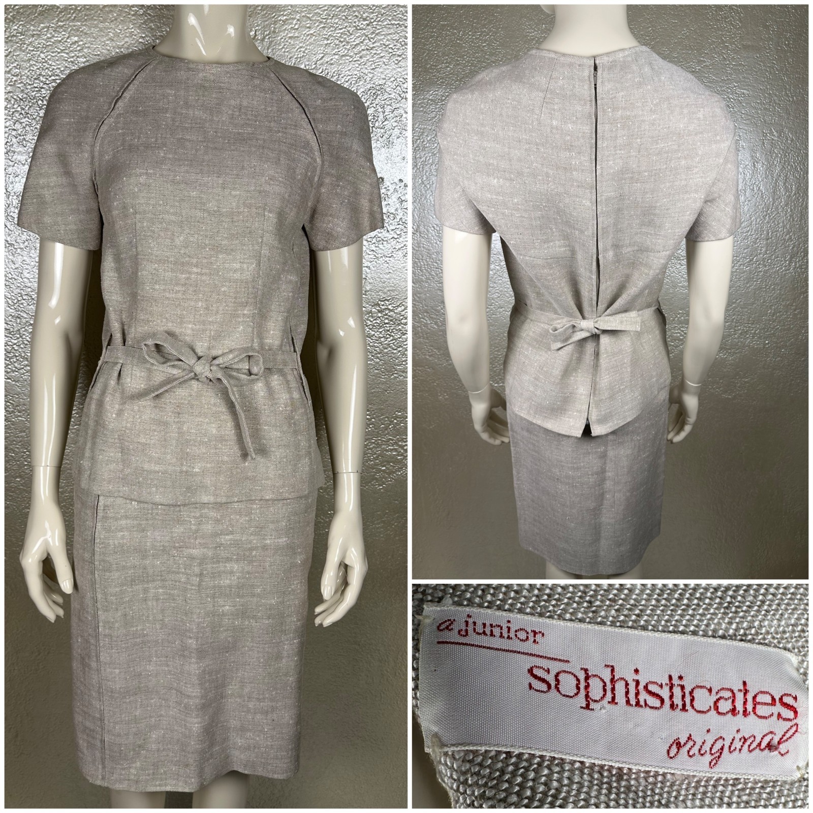 Vintage 1960’s Ladies JUNIOR SOPHISTICATES Tan Linen Two Piece Skirt Suit Set