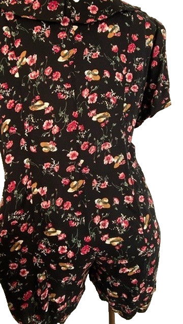 Vintage 1990s black pink romper XXL novelty print hats floral rayon plus size