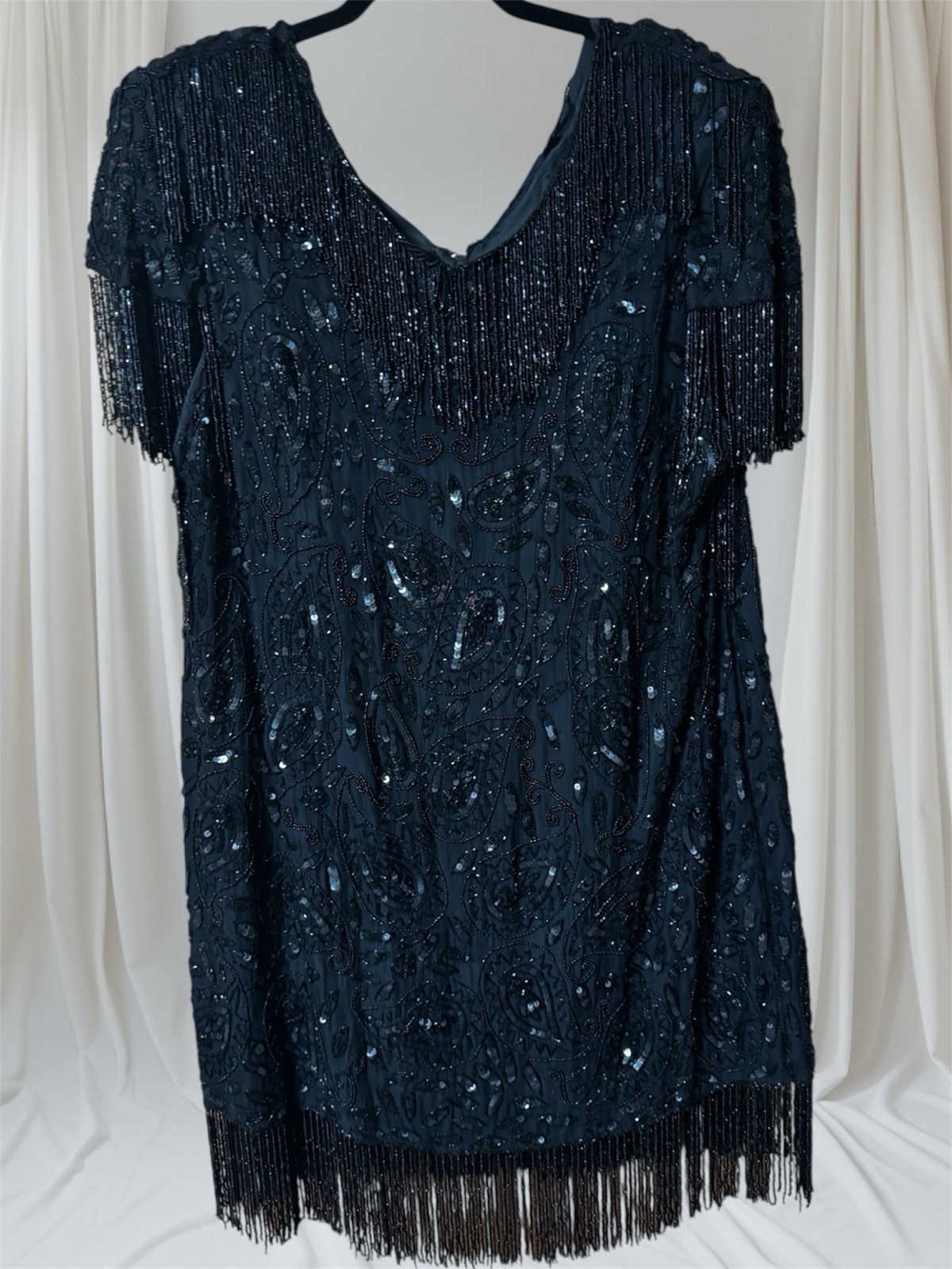 Mid 1990’s Black Tan Chho Sequinned & Beaded Dress with Fringe 2X BUST 44-48”