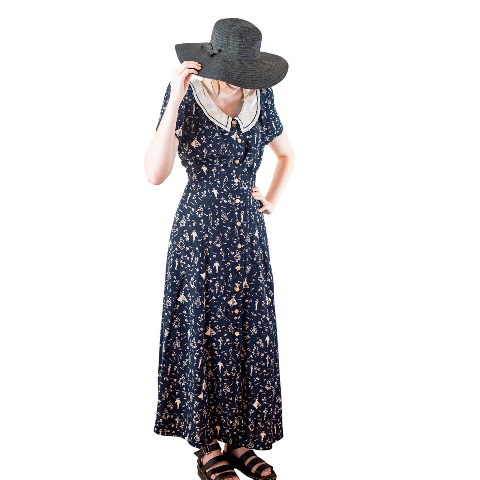 Vintage 90s Novelty Floral Print Dress Romantic Black & White Dancing Women, Med