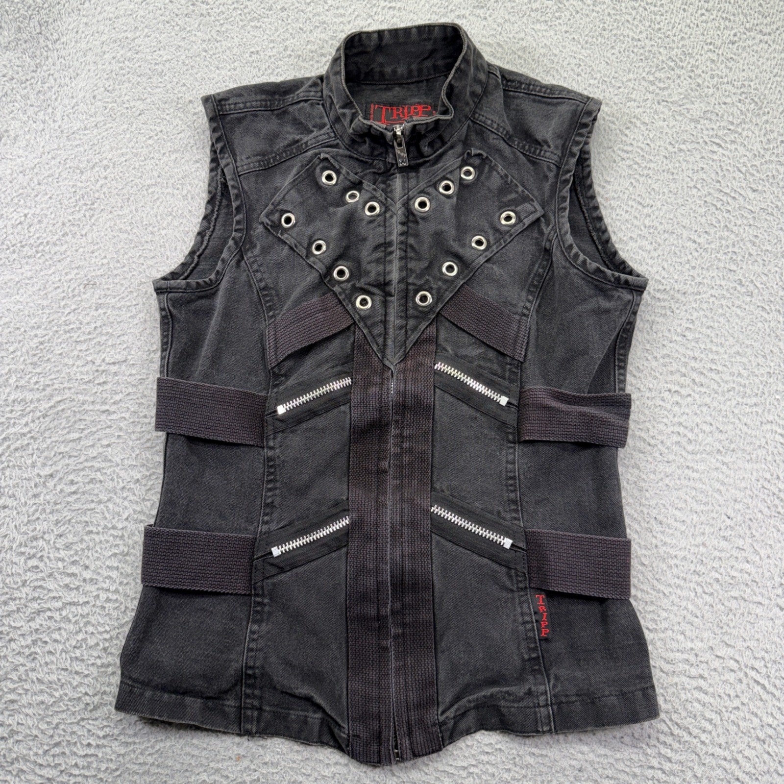 Vtg Tripp NYC Bondage Vest Medium Black Denim Goth Punk Emo Grommet Zipper
