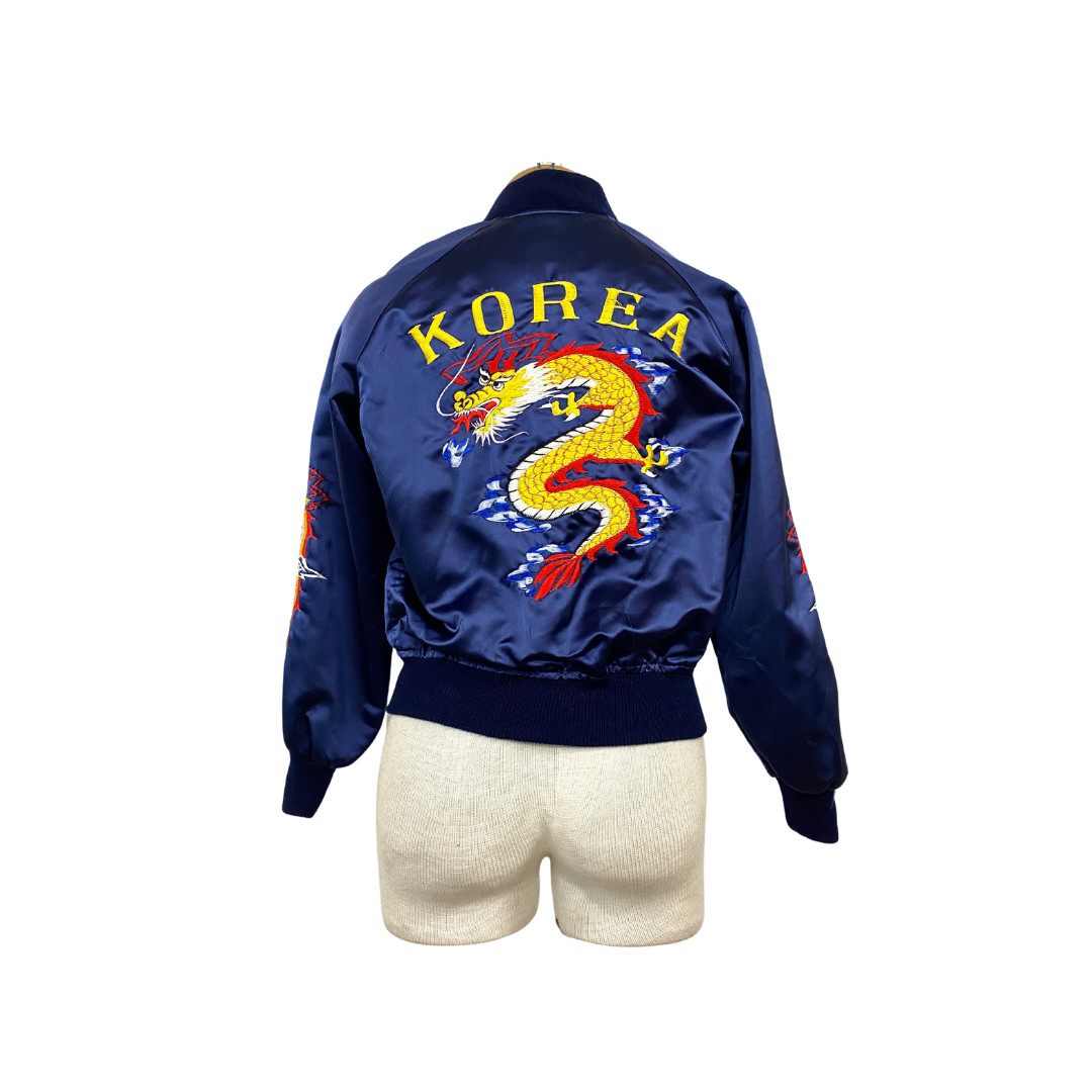 Vtg Vintage 1980s 80s Navy Dragon Embroidered Korean Souvenir Bomber Jacket