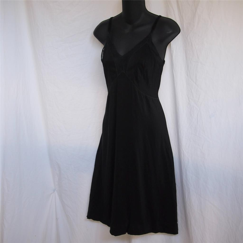 Vintage 50s ARTEMIS Rayon Slinky Sexy Black Full Slip Floral LACE 32 S Pin-Up